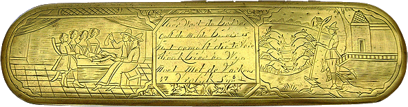 Bovenzijde versierde messing tabaksdoos 1761