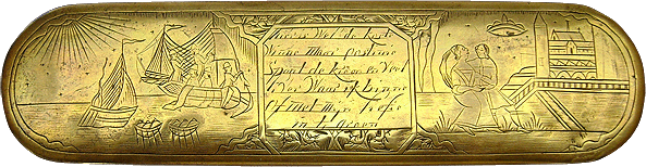 Onderzijde versierde messing tabaksdoos 1761