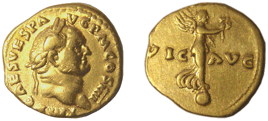 Romeinse Gouden Munt: een 'Aureus' uit 69-79 na Christus (keizer 'Vespasianus')